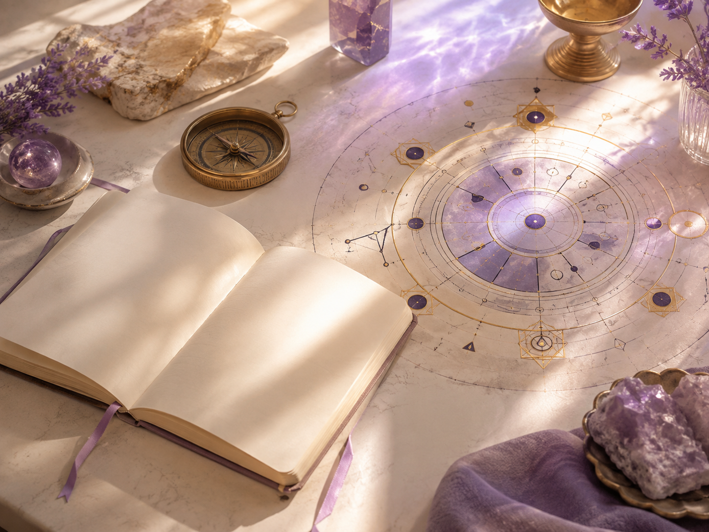 Estudio de astrología con carta natal y cuaderno